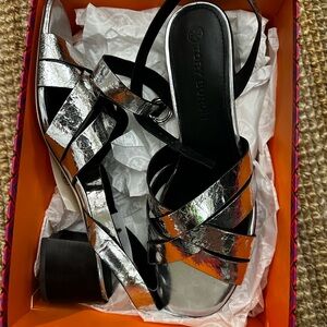 Brand new- never worn— Tory Burch Metallic Silver and Black Heels